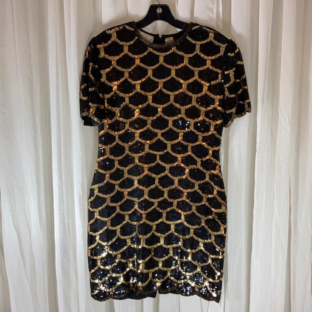 Lawrence Kazar VTG Black & Gold Sequin Cocktail Dress